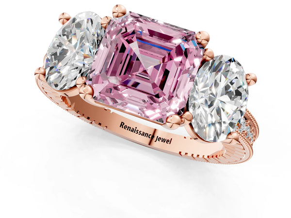 Rose Gold Asscher Cut Three-Stone Engagement Ring Setting for Fancy Pink Center with Pave Band