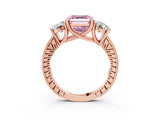 Rose gold Three-Stone Fancy Pink Asscher  Diamond Milgrain Pave Band with Prong Setting 4