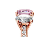 Rose gold Three-Stone Fancy Pink Asscher  Diamond Milgrain Pave Band with Prong Setting