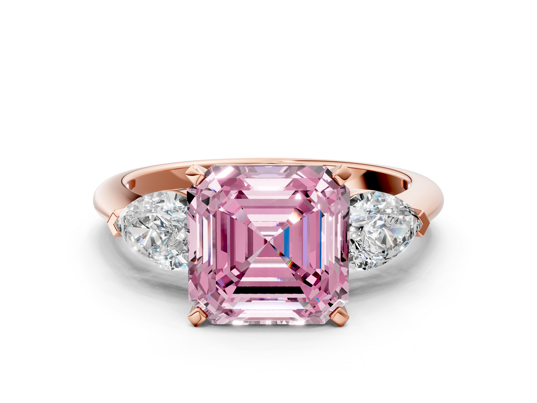 Rose gold Three-Stone Fancy Pink Asscher  Diamond Ring with Pear Side Stones in Four-Prong Setting_17