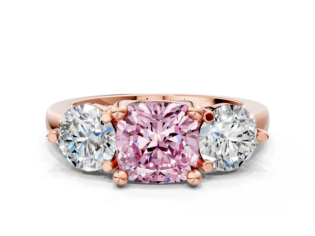 Rose gold Three-Stone Fancy Pink Cushion  Brilliant Cut Solitaire Ring with Prong Setting on a Classic Band 1