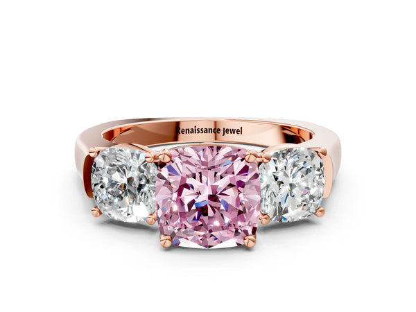 Rose gold Three-Stone Fancy Pink Cushion Cut Brilliant Diamond Trellis Ring with Comfort Fit Band