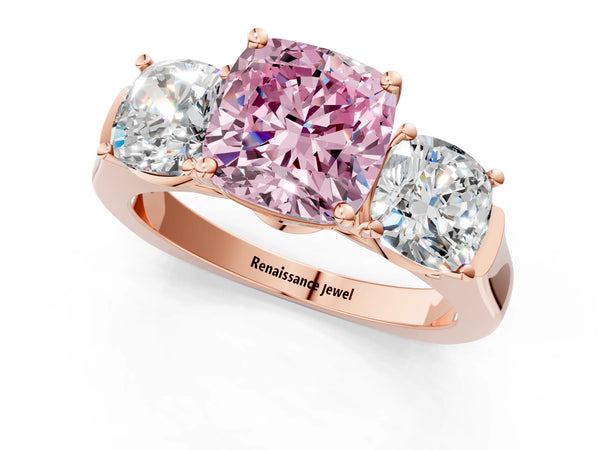 Rose gold Three-Stone Fancy Pink Cushion Cut Brilliant Diamond Trellis Ring with Comfort Fit Band