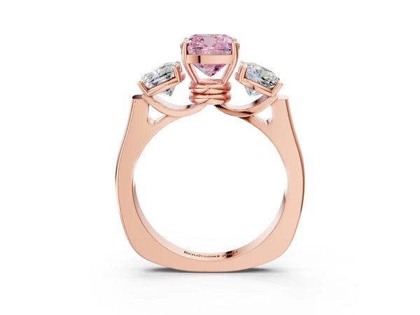 Rose gold Three-Stone Fancy Pink Cushion Cut Brilliant Diamond Trellis Ring with Comfort Fit Band