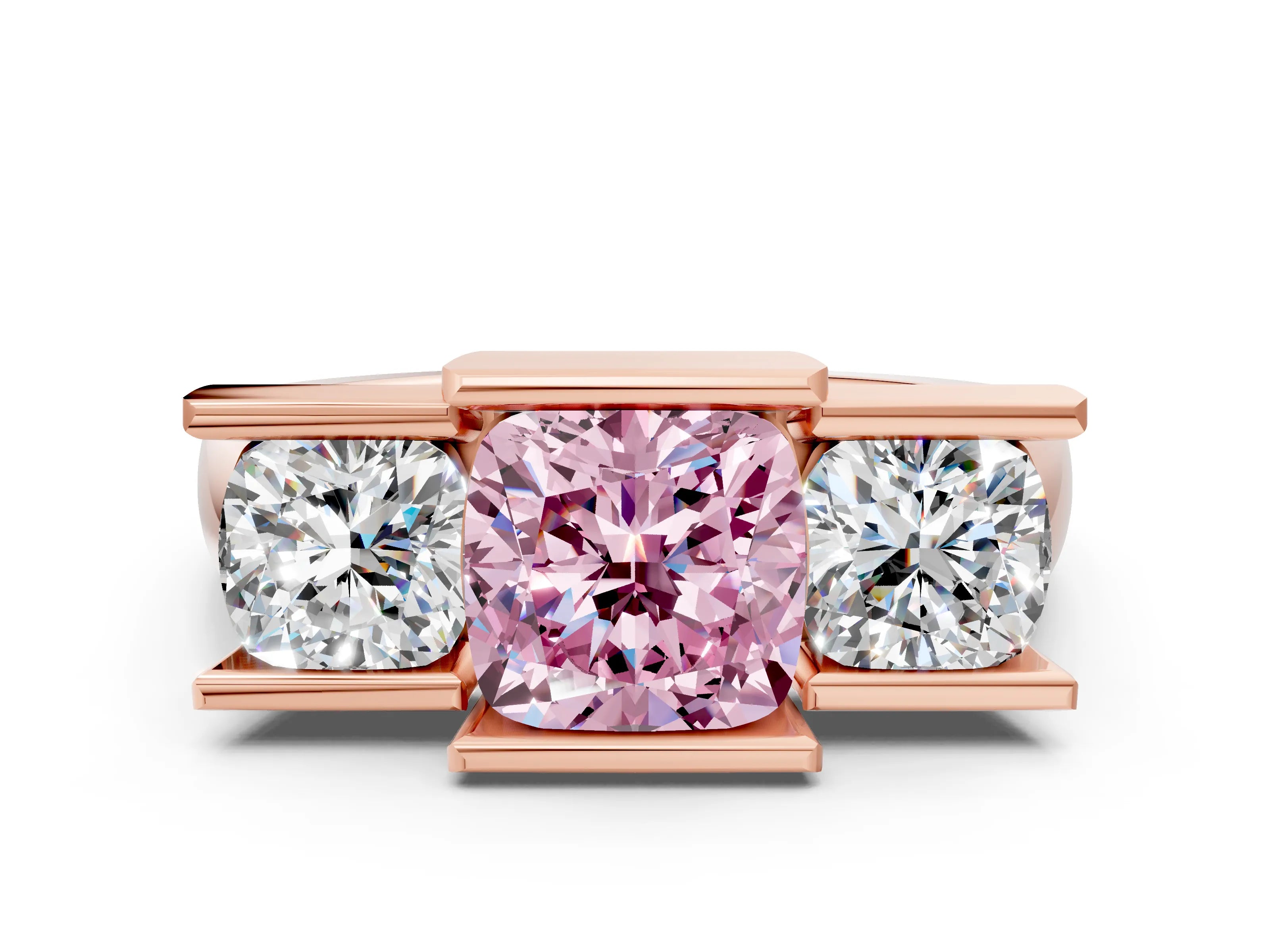 Rose gold Three Stone Fancy Pink Cushion Cut Cut Channel Set Diamond Ring