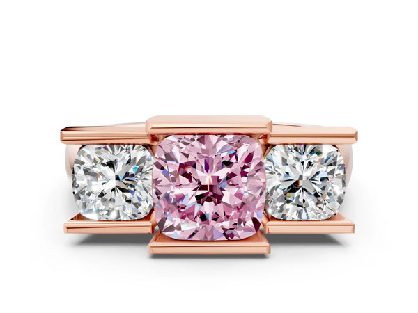Rose gold Three Stone Fancy Pink Cushion Cut Cut Channel Set Diamond Ring