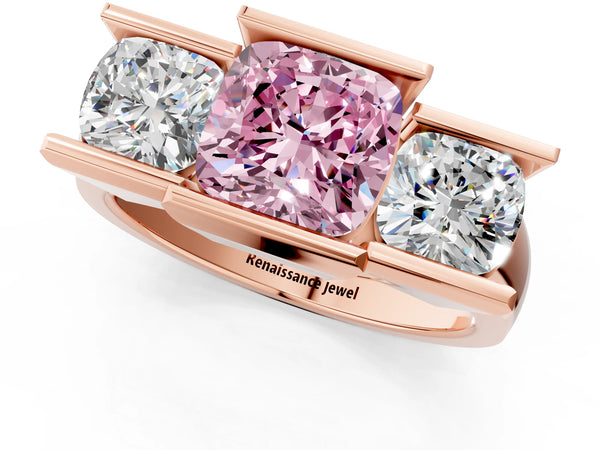 Rose gold Three Stone Fancy Pink Cushion Cut Cut Channel Set Diamond Ring