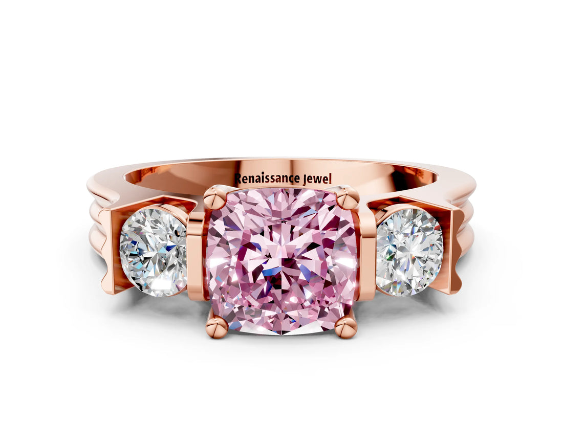 Rose gold Three-Stone Fancy Pink Cushion Cut Cut Classic Band Prong Setting Ring
