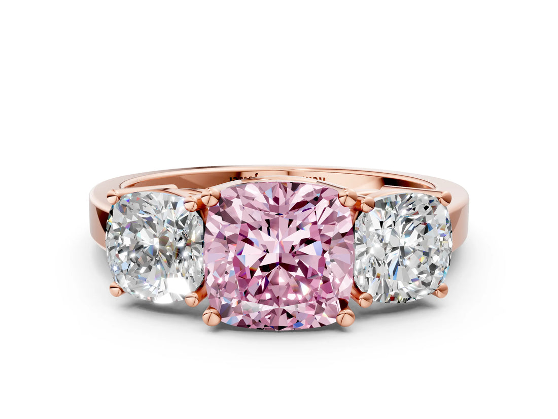 Rose gold Three-Stone Fancy Pink Cushion Cut Cut Diamond Engagement Ring with Flat Band and Four-Prong Setting_12