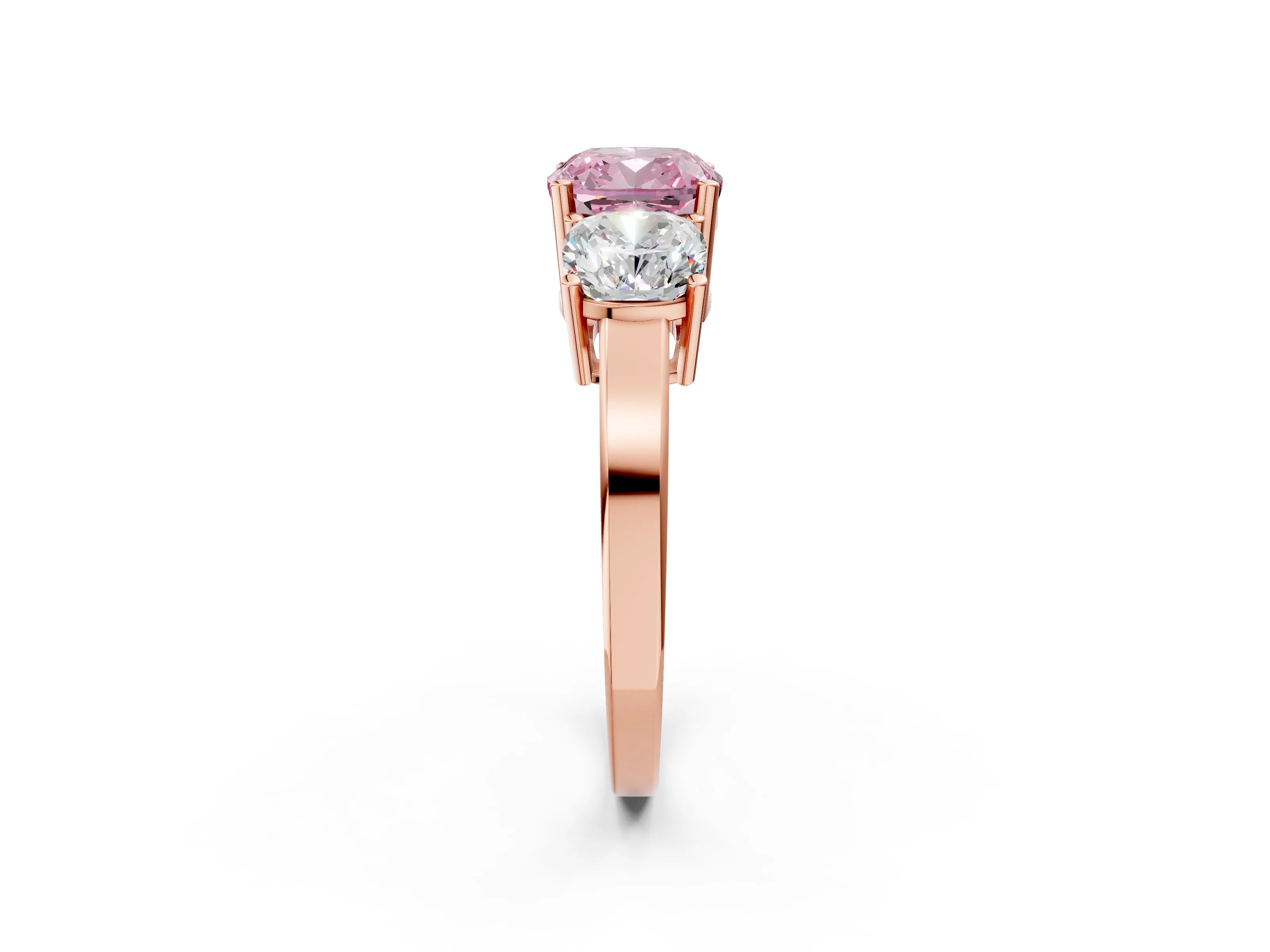 Rose gold Three-Stone Fancy Pink Cushion Cut Cut Diamond Engagement Ring with Flat Band and Four-Prong Setting_14