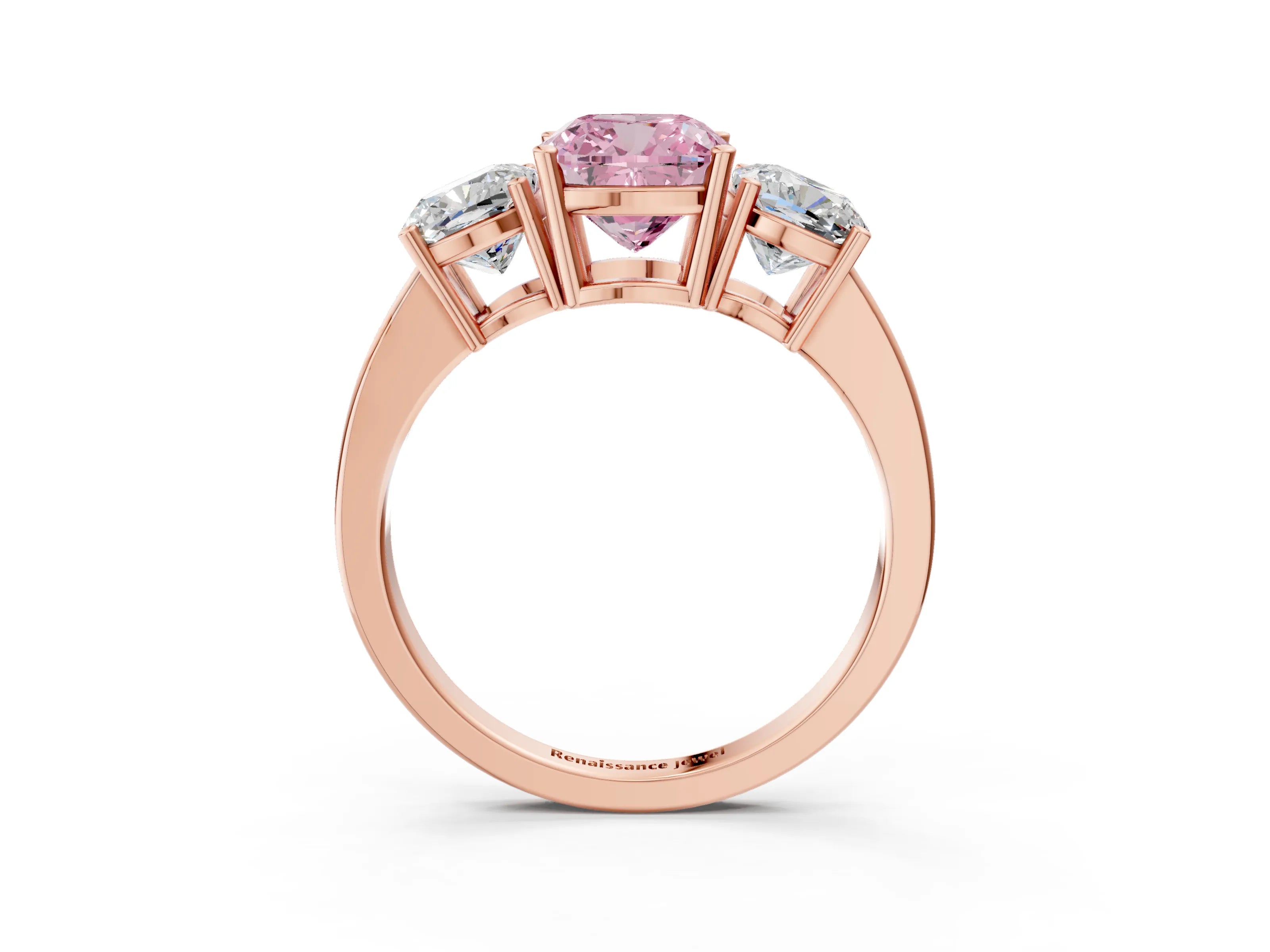 Rose gold Three-Stone Fancy Pink Cushion Cut Cut Diamond Engagement Ring with Flat Band and Four-Prong Setting_15