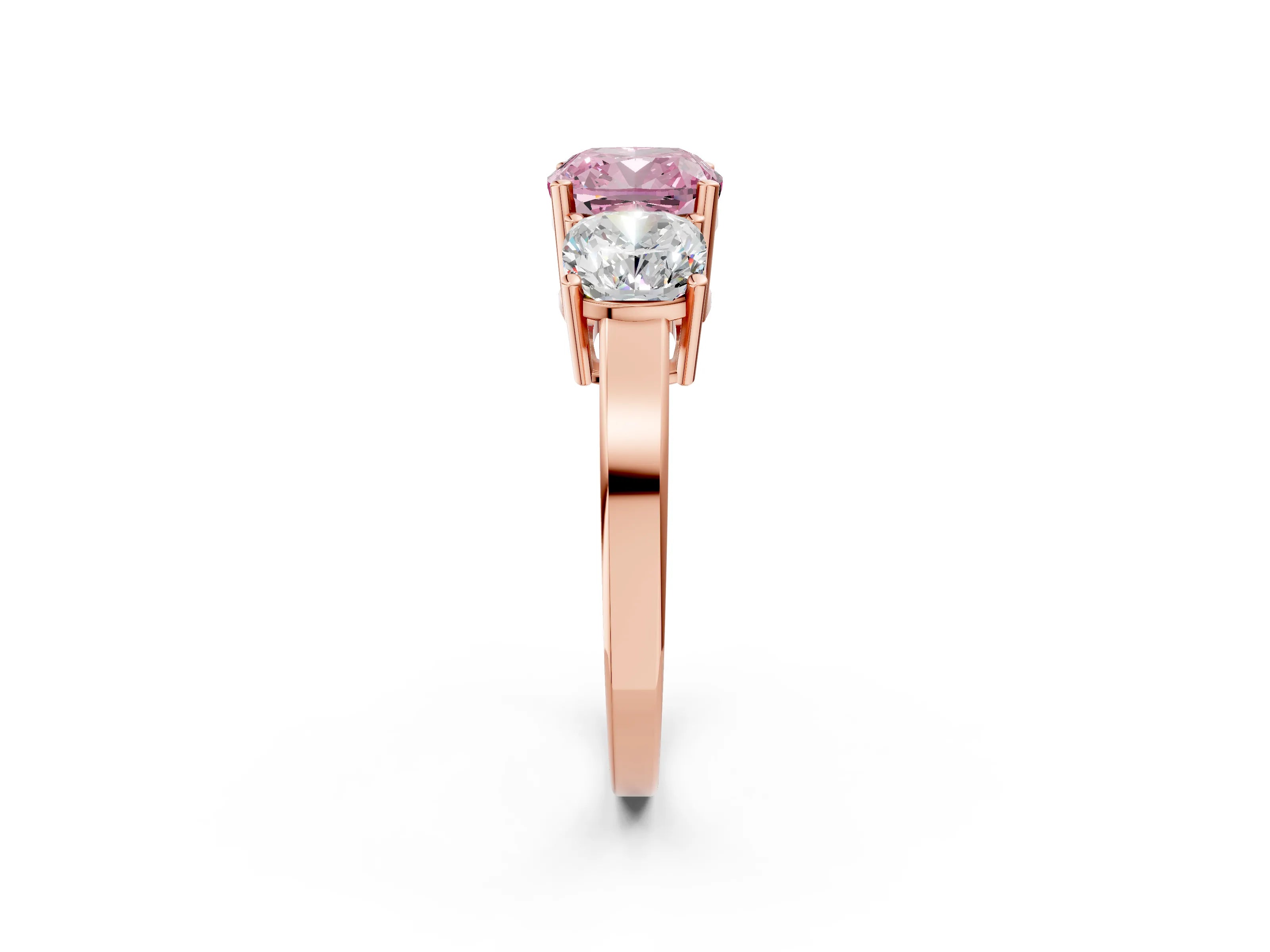 Rose gold Three-Stone Fancy Pink Cushion Cut Cut Diamond Engagement Ring with Flat Band and Four-Prong Setting_2