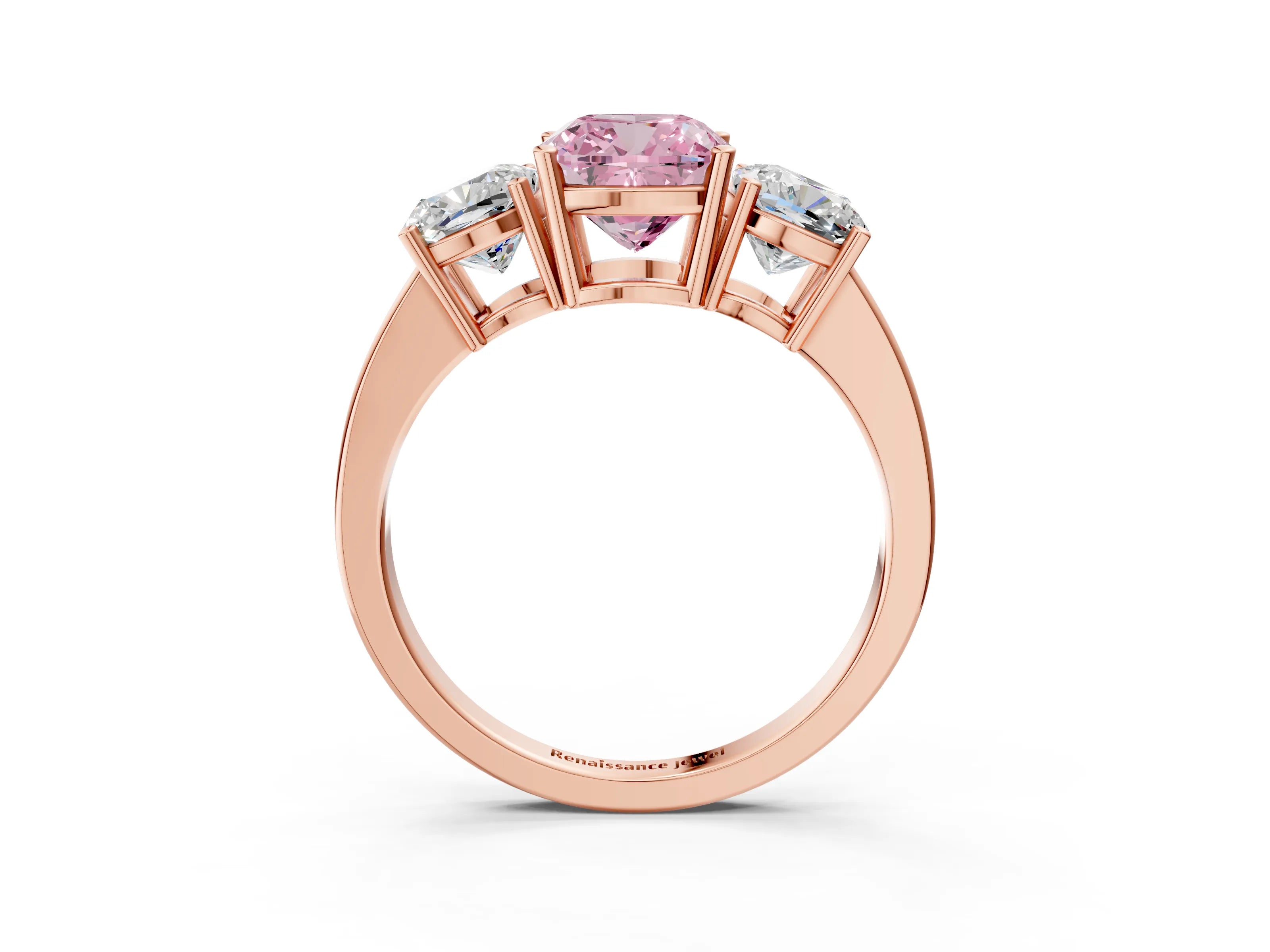 Rose gold Three-Stone Fancy Pink Cushion Cut Cut Diamond Engagement Ring with Flat Band and Four-Prong Setting_3