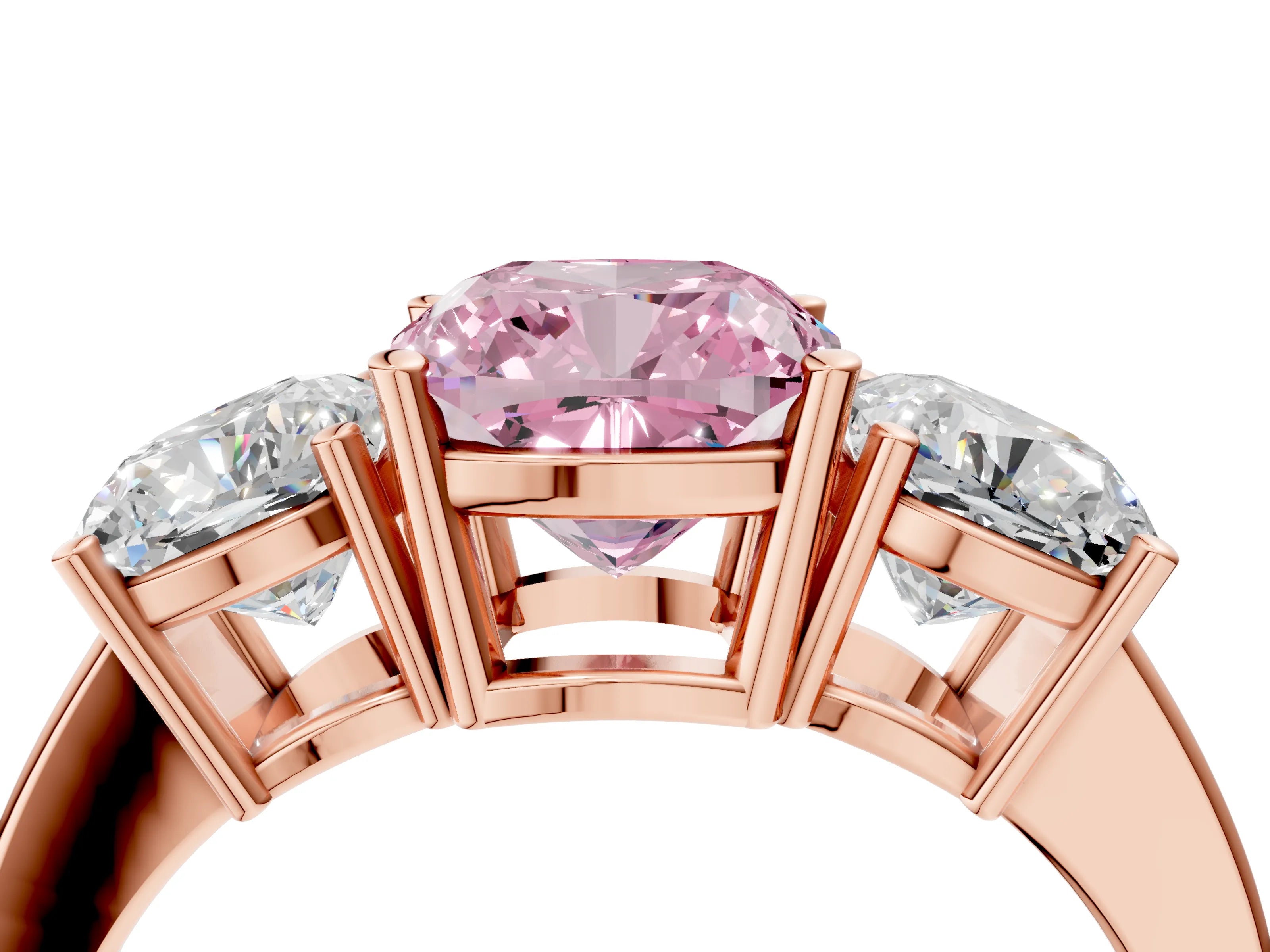 Rose gold Three-Stone Fancy Pink Cushion Cut Cut Diamond Engagement Ring with Flat Band and Four-Prong Setting_4