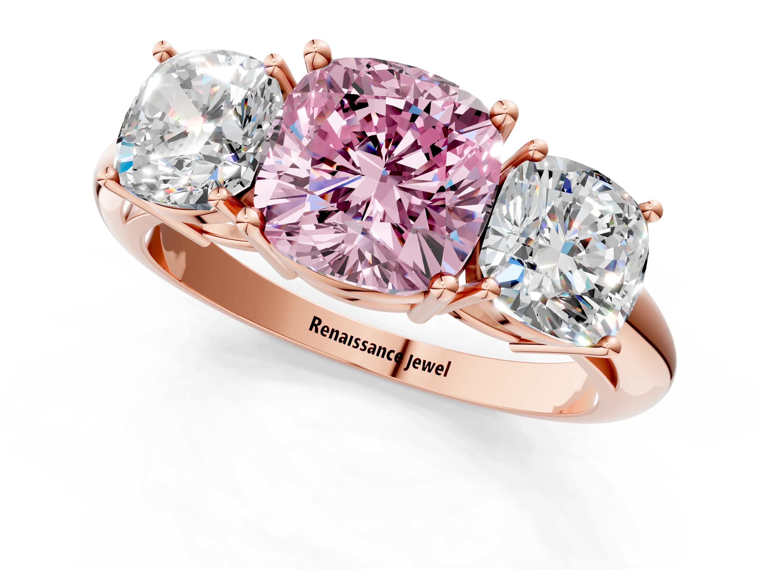 Rose gold Three-Stone Fancy Pink Cushion Cut Cut Diamond Engagement Ring with Prong Setting on a White Gold Band_1