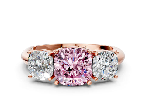 Rose gold Three-Stone Fancy Pink Cushion Cut Cut Diamond Engagement Ring with Prong Setting on a White Gold Band