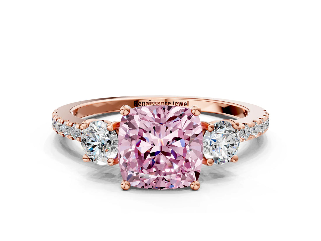 Rose gold Three-Stone Fancy Pink Cushion Cut Cut Diamond Pavé Band with Prong Setting_15