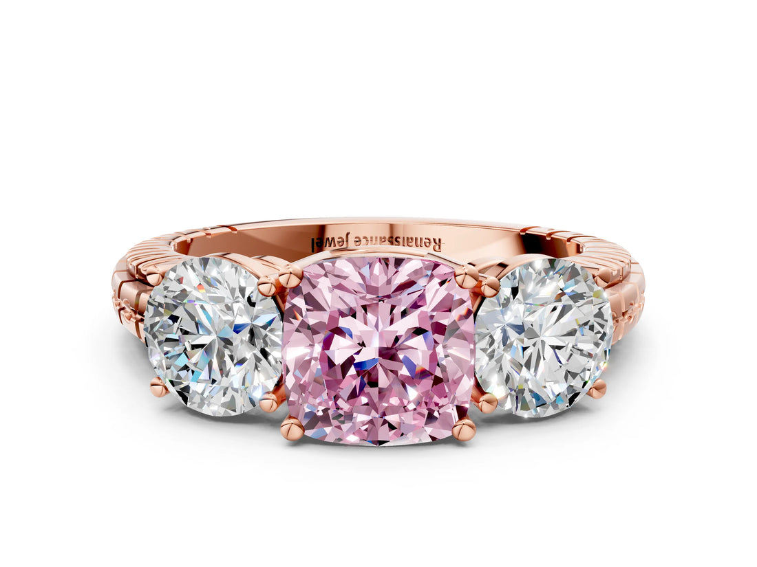Rose gold Three-Stone Fancy Pink Cushion Cut Cut Diamond Ring with Channel-Set Band and Prong Setting