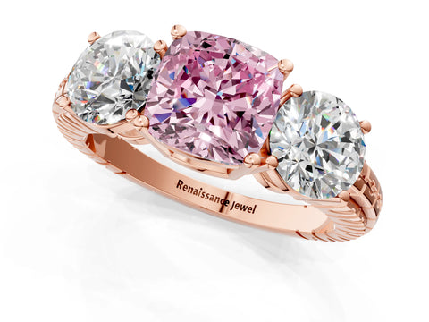 Rose gold Three-Stone Fancy Pink Cushion Cut Cut Diamond Ring with Channel-Set Band and Prong Setting_1