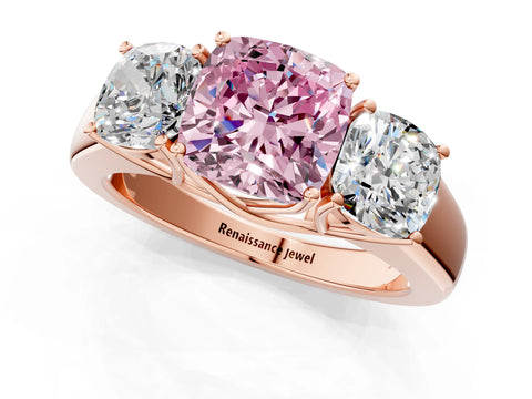 Rose gold Three-Stone Fancy Pink Cushion Cut Cut Diamond Ring with Prong Setting and Classic Band_1