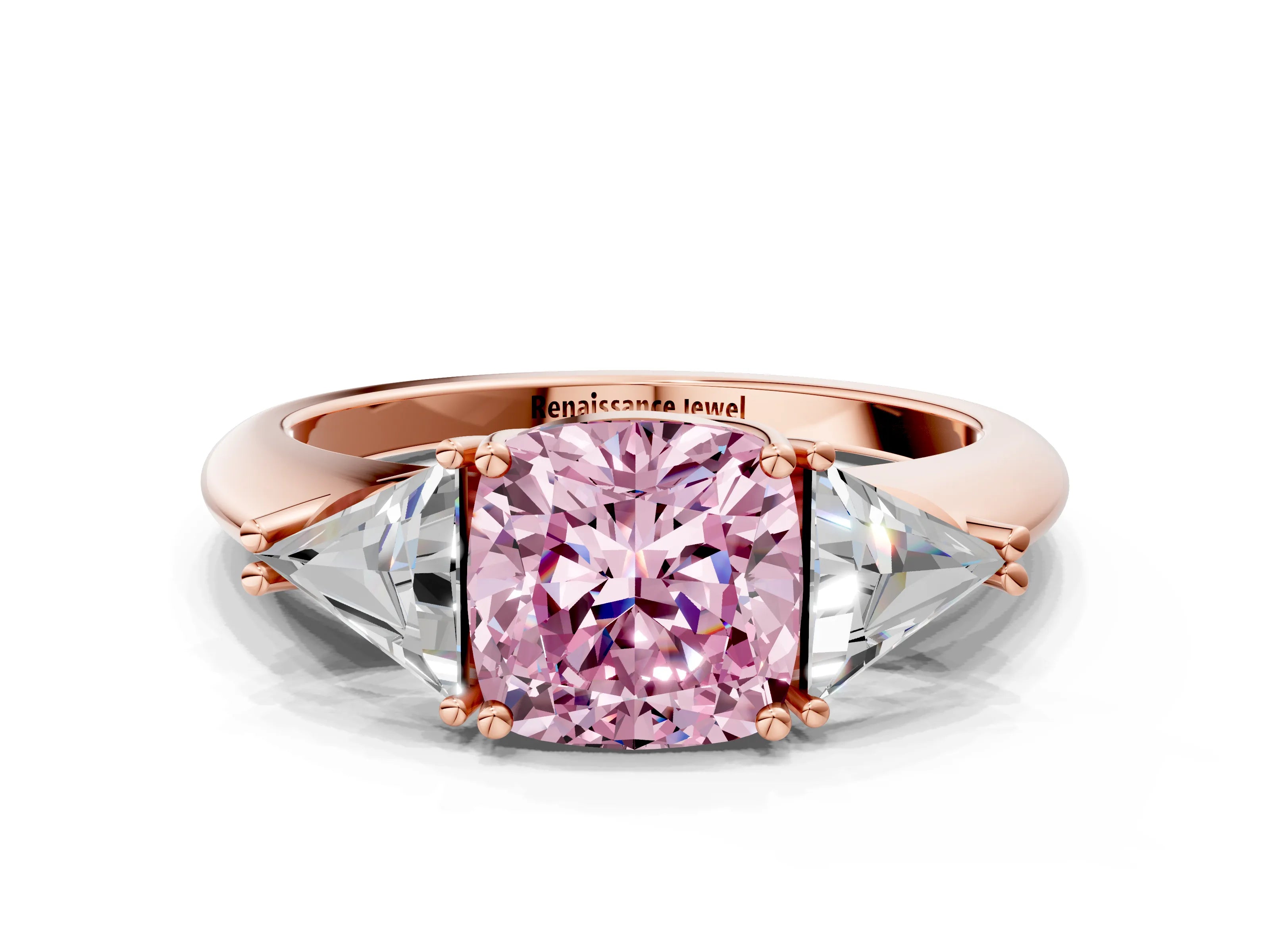 Rose gold Three-Stone Fancy Pink Cushion Cut Cut Diamond Ring with Trillion Side Stones and Four-Prong Setting_3
