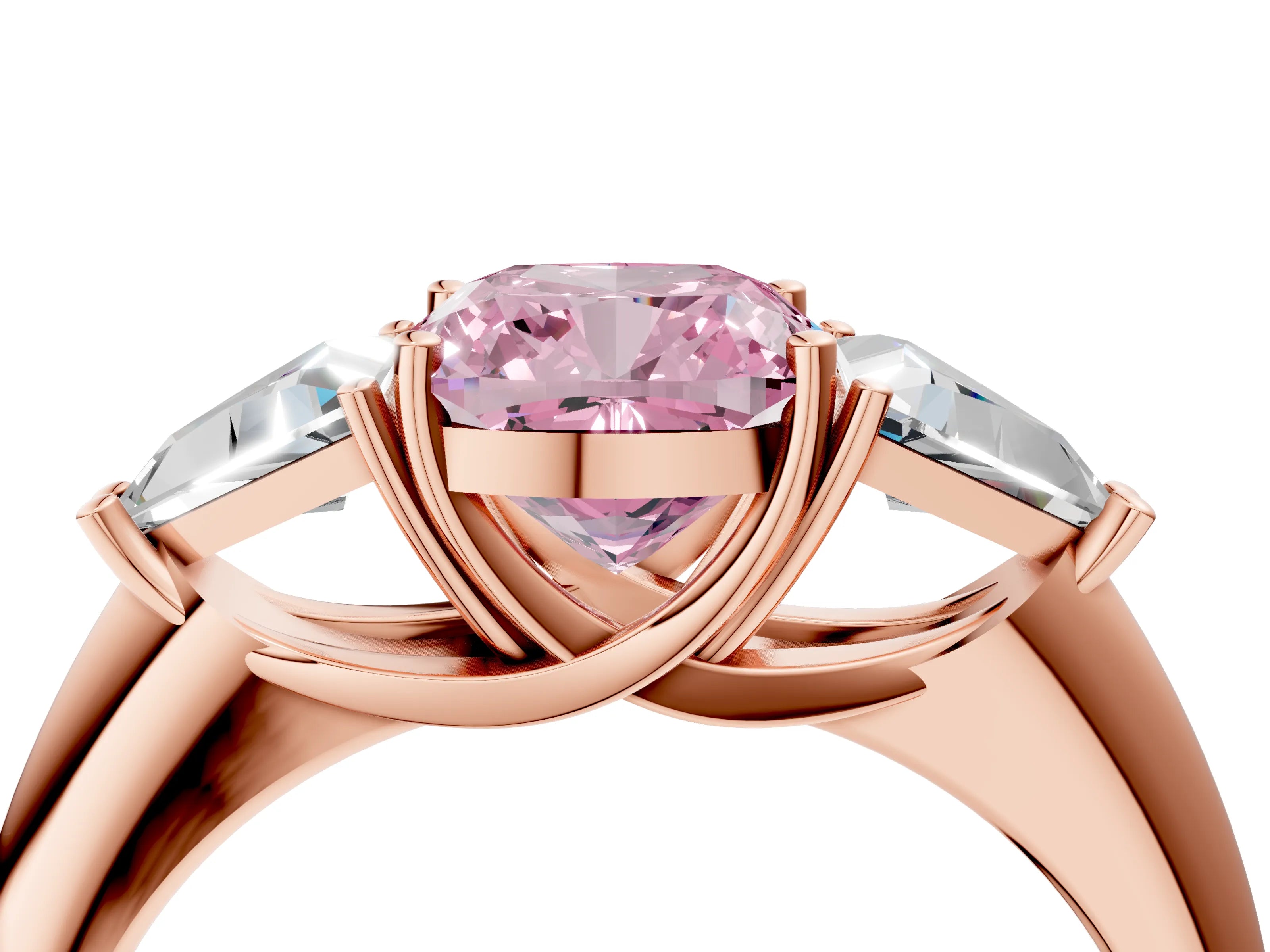 Rose gold Three-Stone Fancy Pink Cushion Cut Cut Diamond Ring with Trillion Side Stones and Four-Prong Setting_7