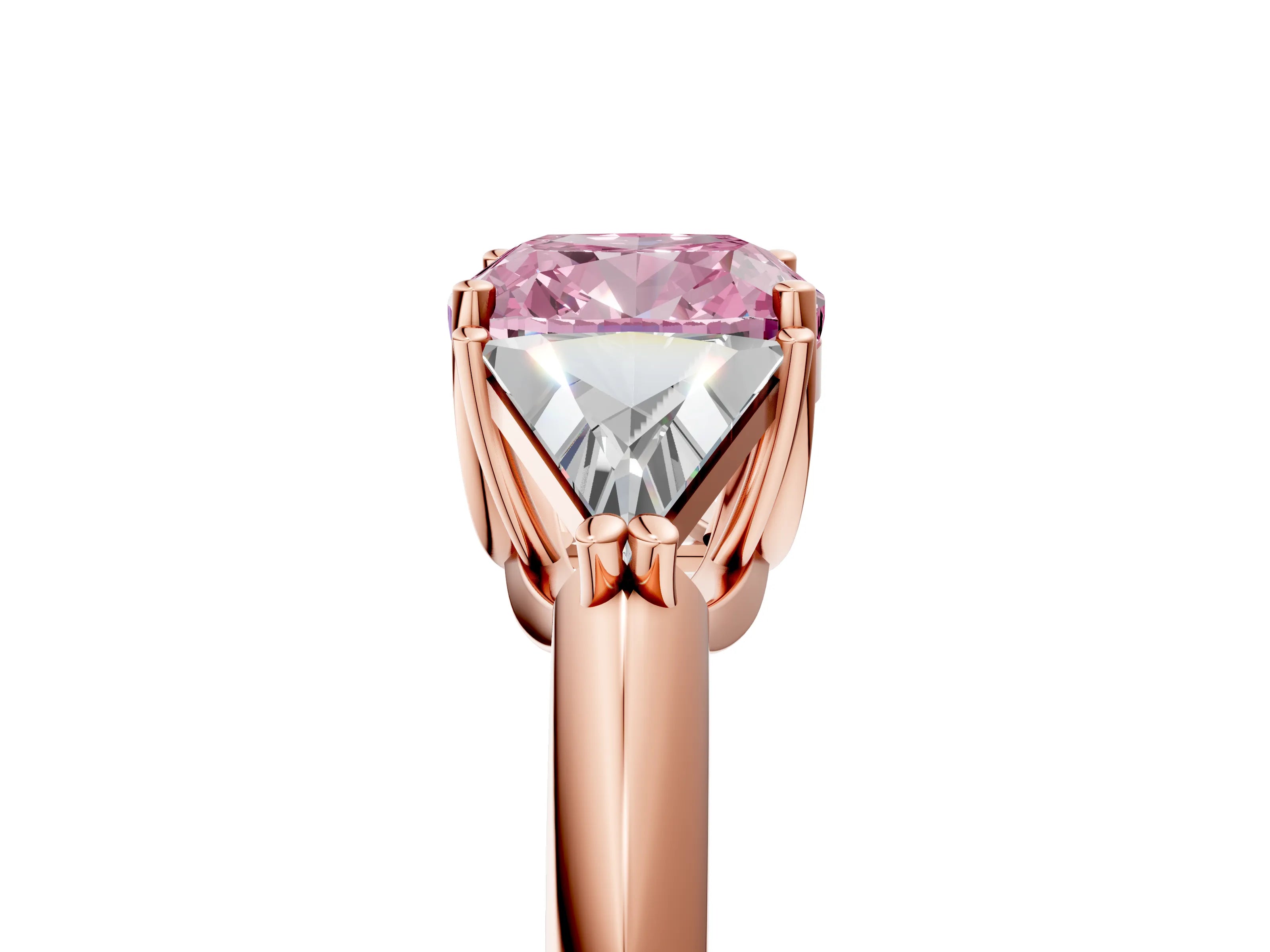 Rose gold Three-Stone Fancy Pink Cushion Cut Cut Diamond Ring with Trillion Side Stones and Four-Prong Setting_8