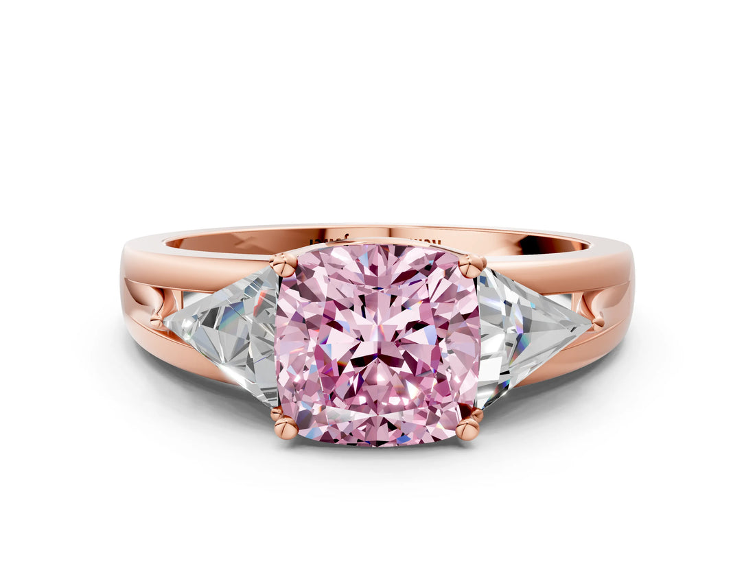 Rose gold Three-Stone Fancy Pink Cushion Cut Cut Diamond Ring with Trillion Side Stones on a Split Shank Band