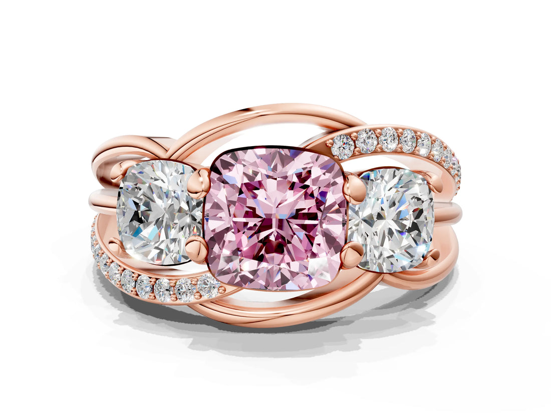 Rose gold Three-Stone Fancy Pink Cushion Cut Cut Diamond Split Shank Prong Set Ring