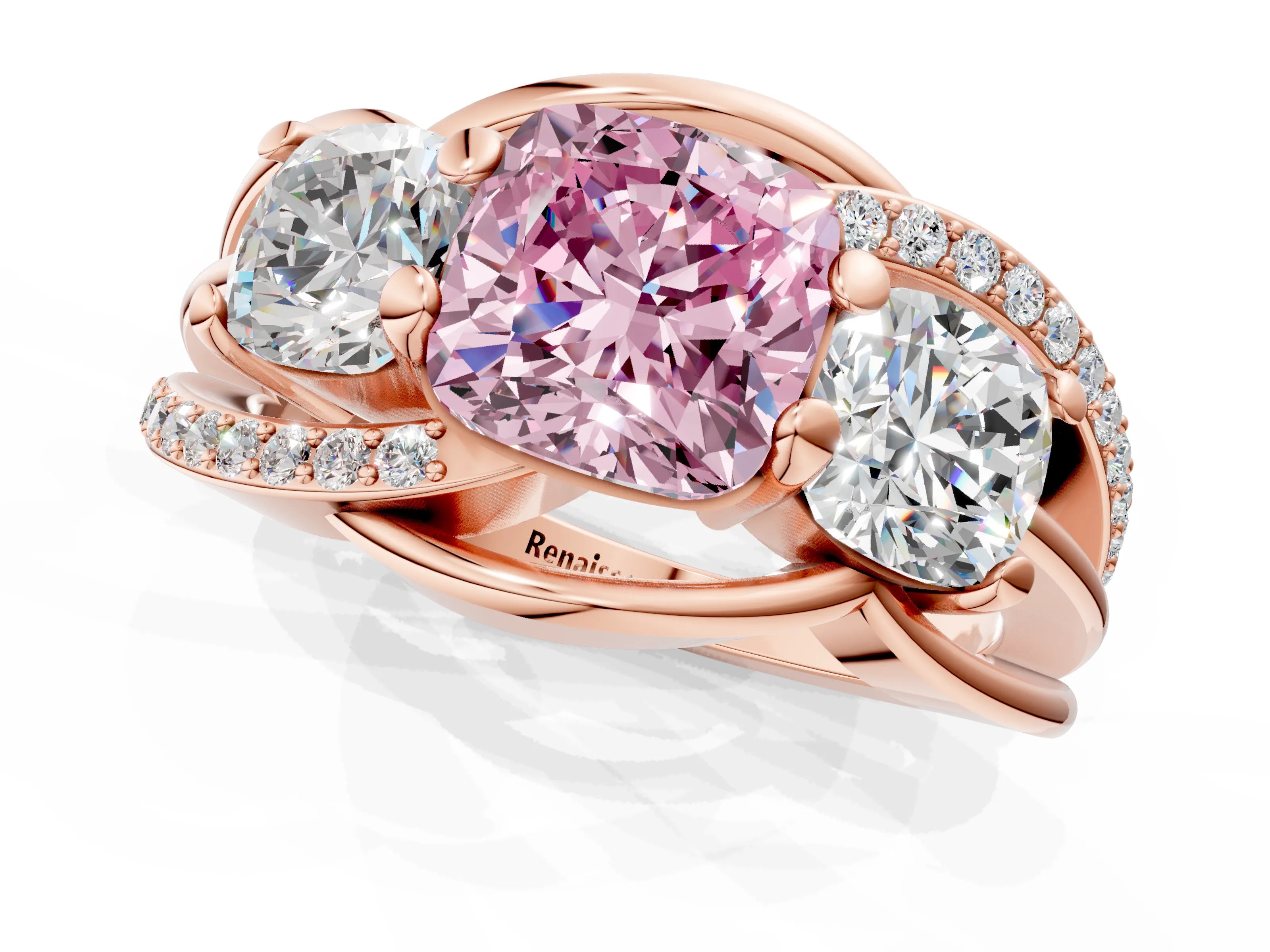 Rose gold Three-Stone Fancy Pink Cushion Cut Cut Diamond Split Shank Prong Set Ring_1