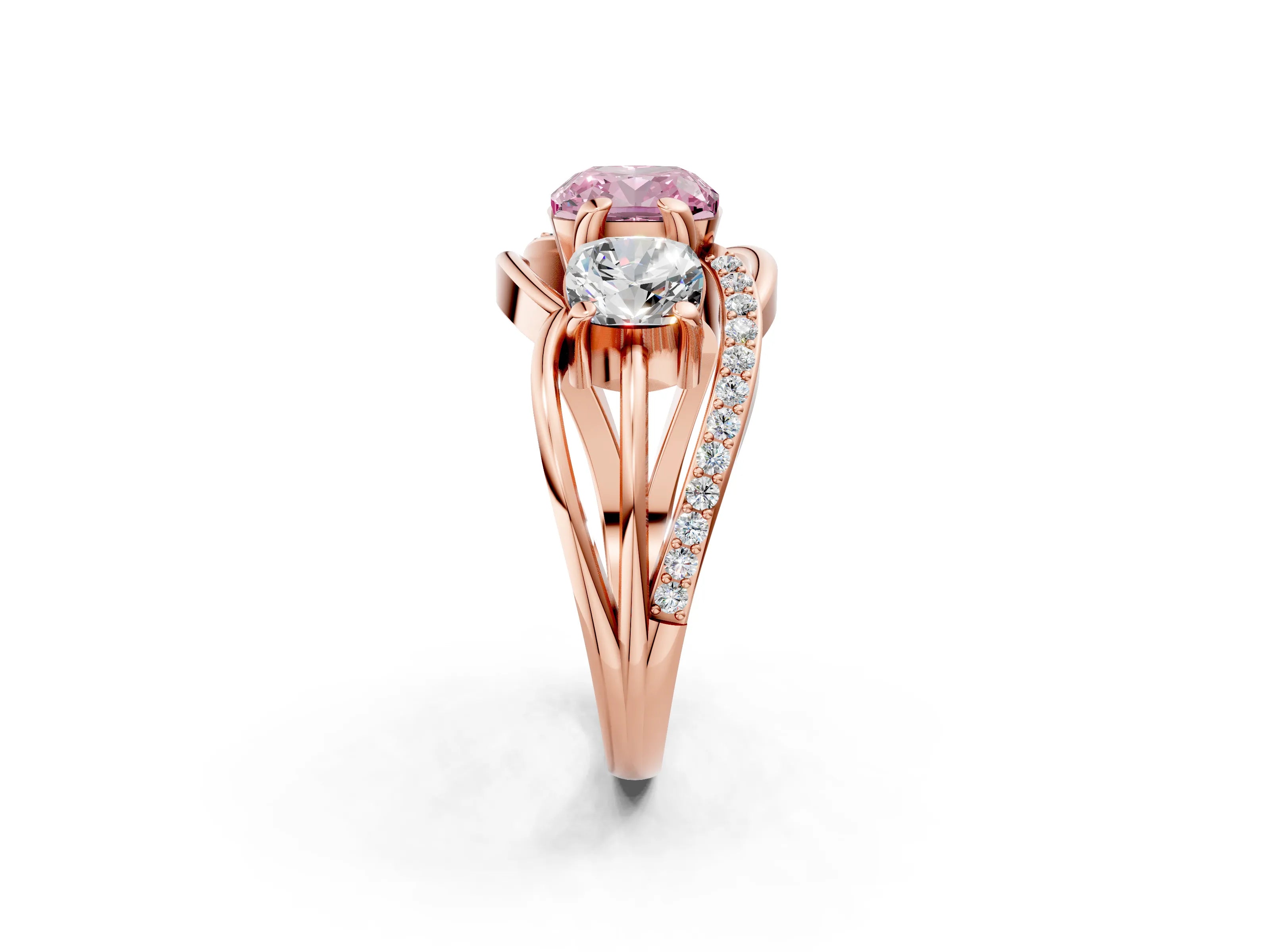 Rose gold Three-Stone Fancy Pink Cushion Cut Cut Diamond Split Shank Prong Set Ring_2