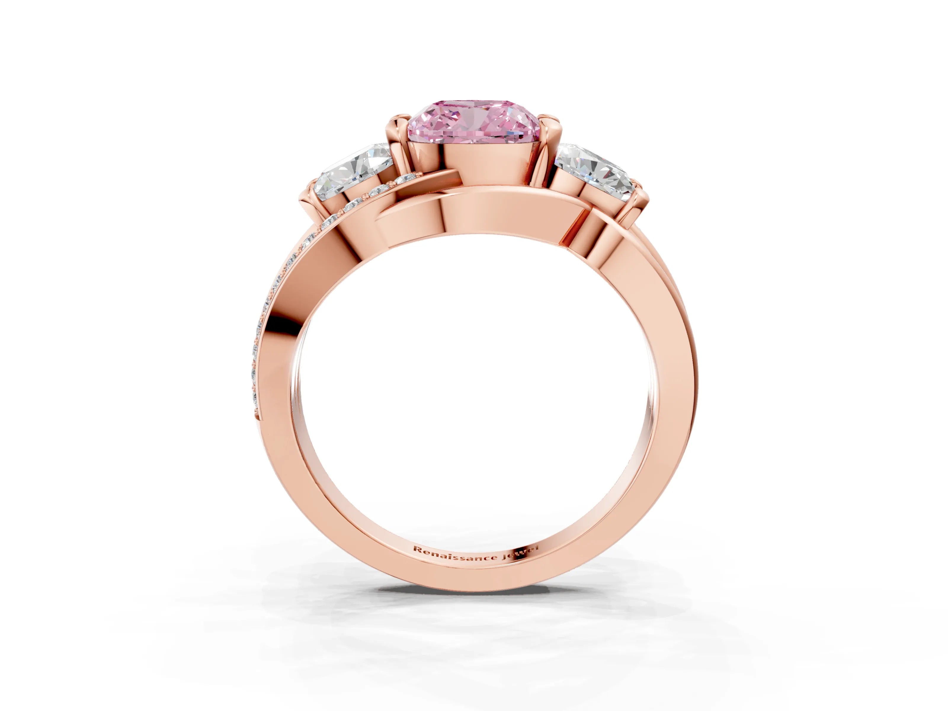 Rose gold Three-Stone Fancy Pink Cushion Cut Cut Diamond Split Shank Prong Set Ring_3