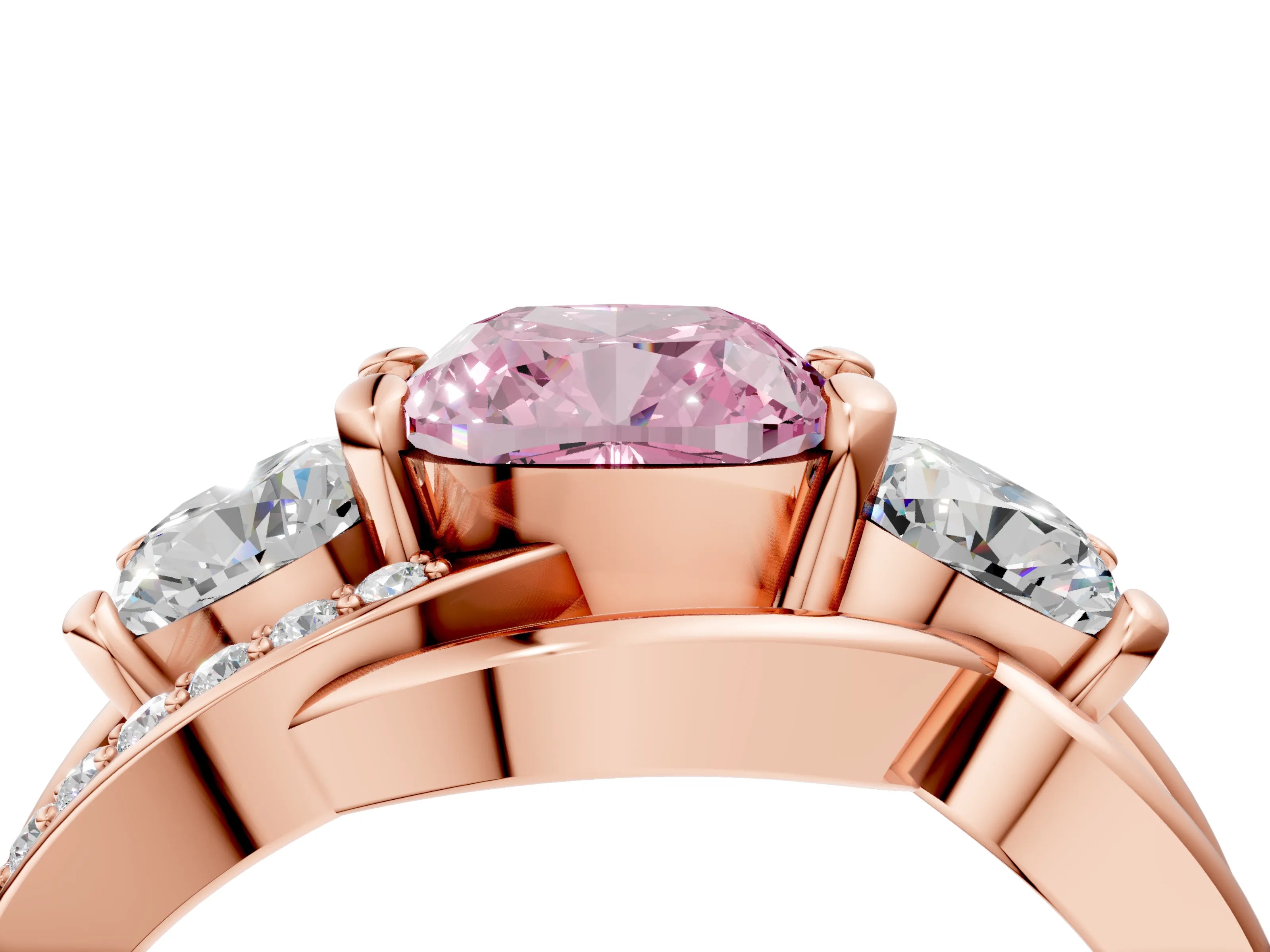 Rose gold Three-Stone Fancy Pink Cushion Cut Cut Diamond Split Shank Prong Set Ring_4