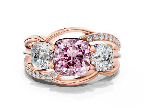 Rose gold Three-Stone Fancy Pink Cushion Cut Cut Diamond Split Shank Prong Set Ring