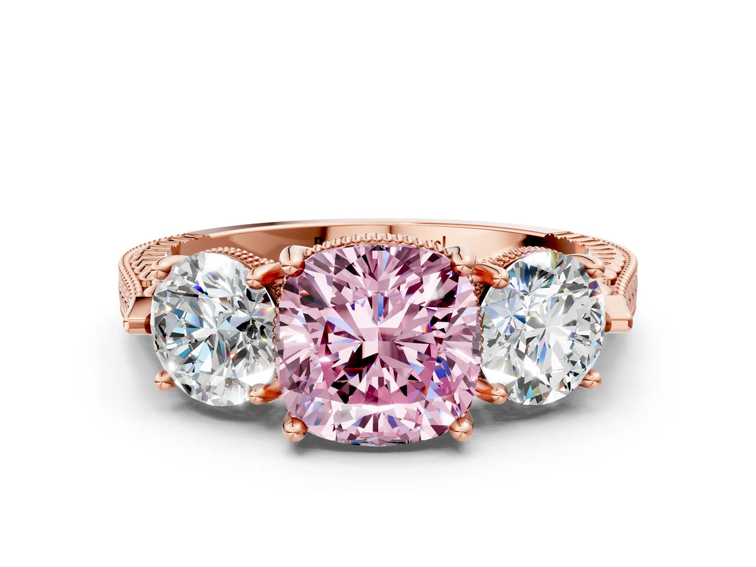 Rose gold Three-Stone Fancy Pink Cushion Cut Cut Milgrain Band Prong Setting Ring_6