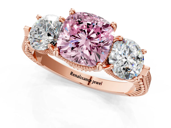 Rose Gold Cushion Cut Vintage Three Stone Engagement Ring Setting for Fancy Pink Center