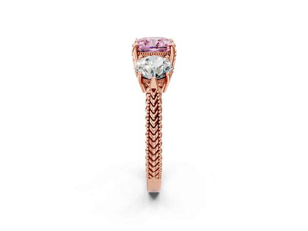 Rose Gold Cushion Cut Vintage Three Stone Engagement Ring Setting for Fancy Pink Center