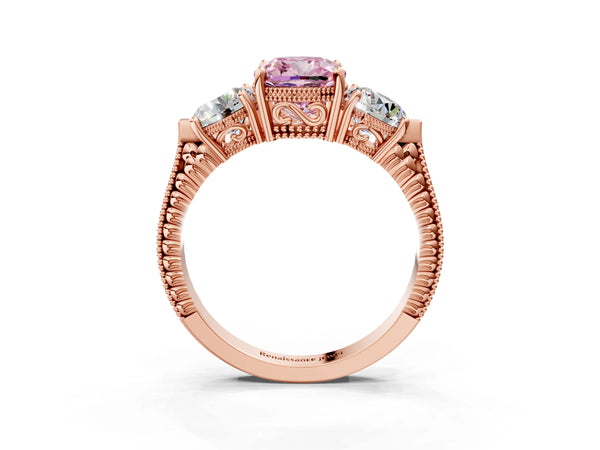 Rose Gold Cushion Cut Vintage Three Stone Engagement Ring Setting for Fancy Pink Center