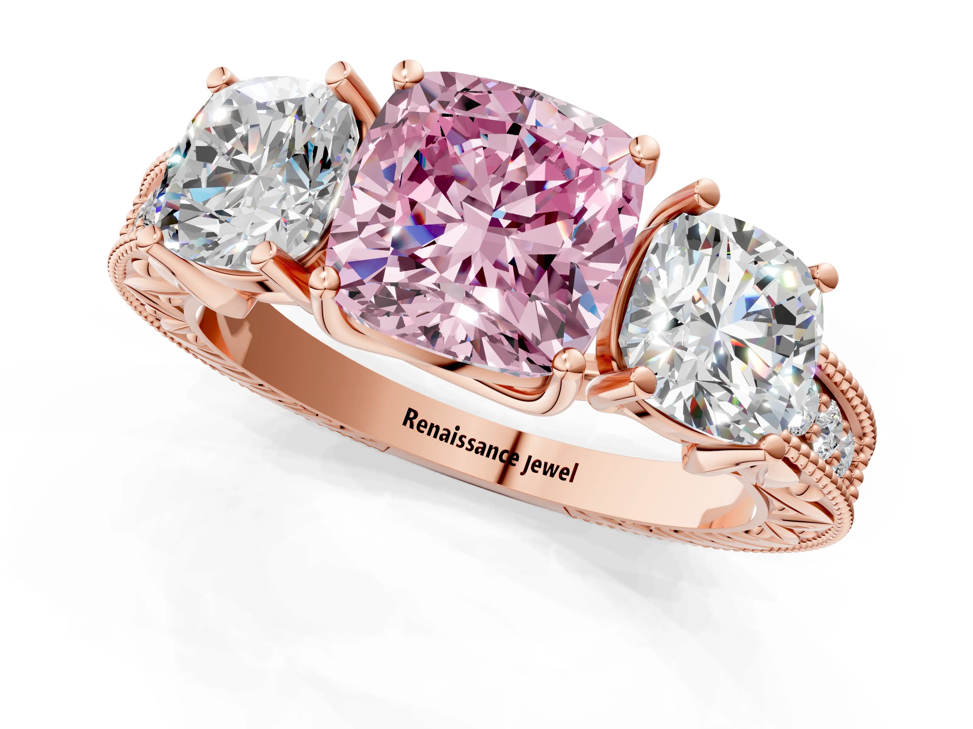 Rose gold Three-Stone Fancy Pink Cushion Cut Cut Milgrain Pavé Engagement Ring_1