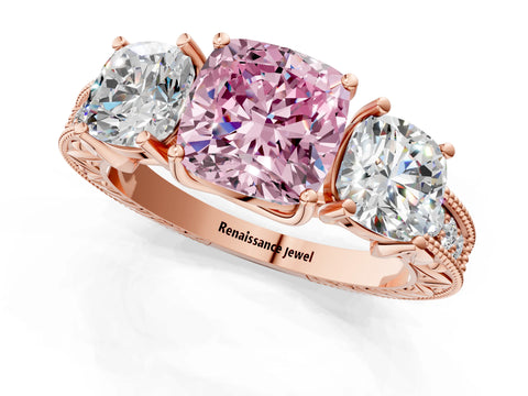 Rose gold Three-Stone Fancy Pink Cushion Cut Cut Milgrain Pavé Engagement Ring_13