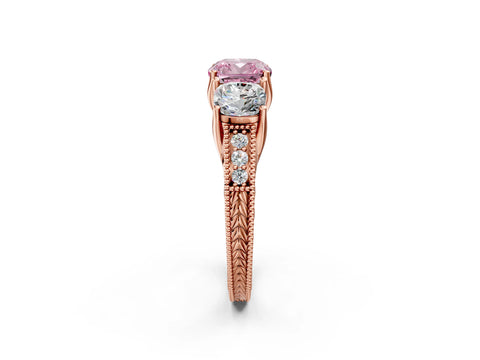 Rose gold Three-Stone Fancy Pink Cushion Cut Cut Milgrain Pavé Engagement Ring_14