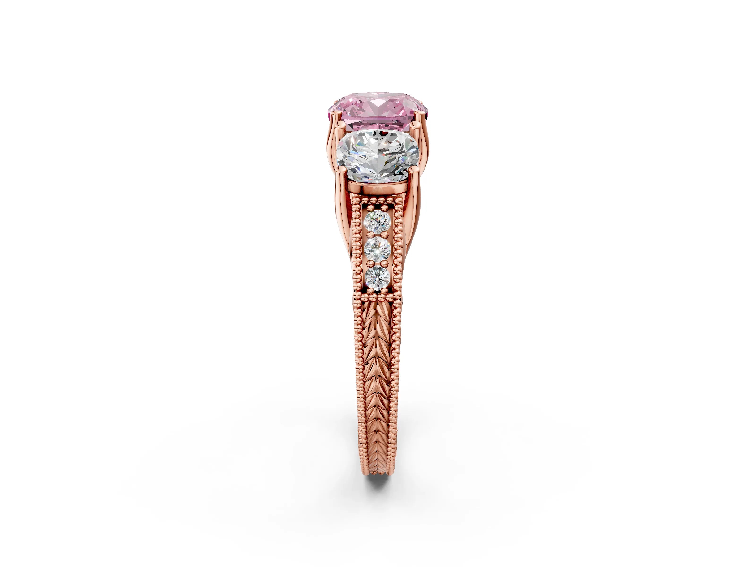 Rose gold Three-Stone Fancy Pink Cushion Cut Cut Milgrain Pavé Engagement Ring_2