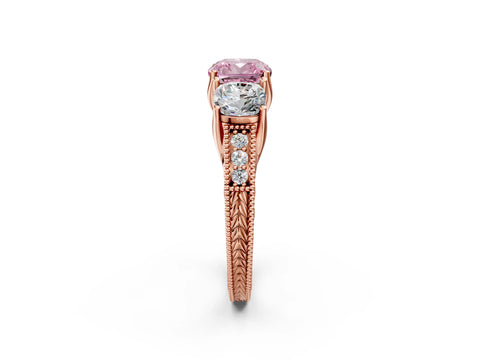 Rose gold Three-Stone Fancy Pink Cushion Cut Cut Milgrain Pavé Engagement Ring_2