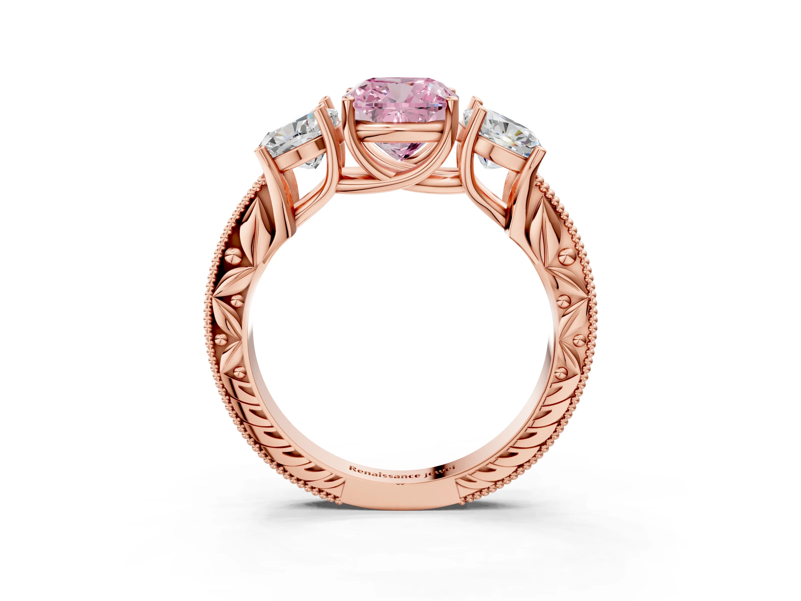 Rose gold Three-Stone Fancy Pink Cushion Cut Cut Milgrain Pavé Engagement Ring_3