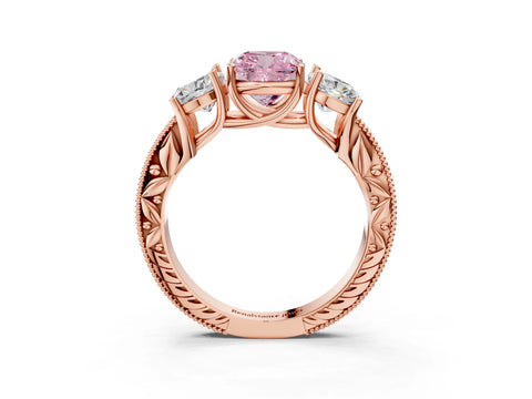 Rose gold Three-Stone Fancy Pink Cushion Cut Cut Milgrain Pavé Engagement Ring_3