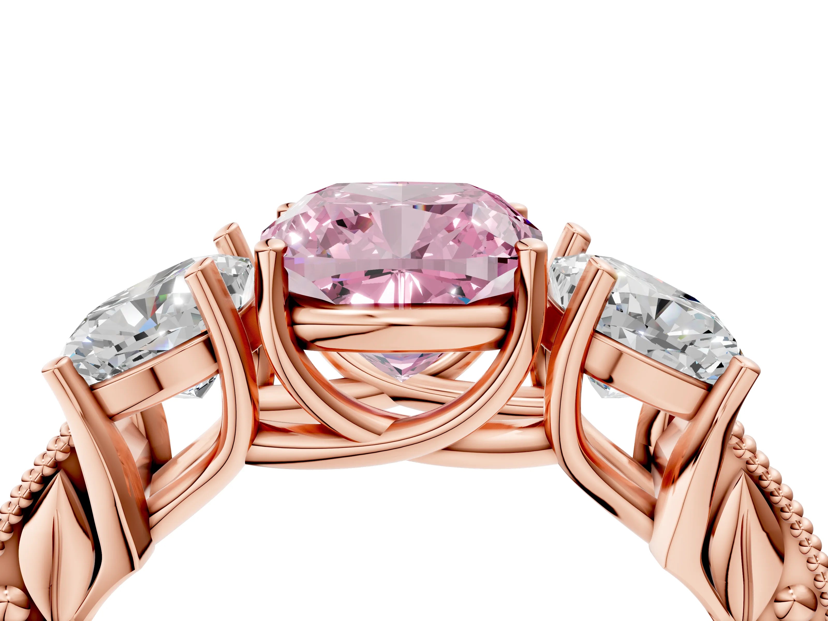 Rose gold Three-Stone Fancy Pink Cushion Cut Cut Milgrain Pavé Engagement Ring_4