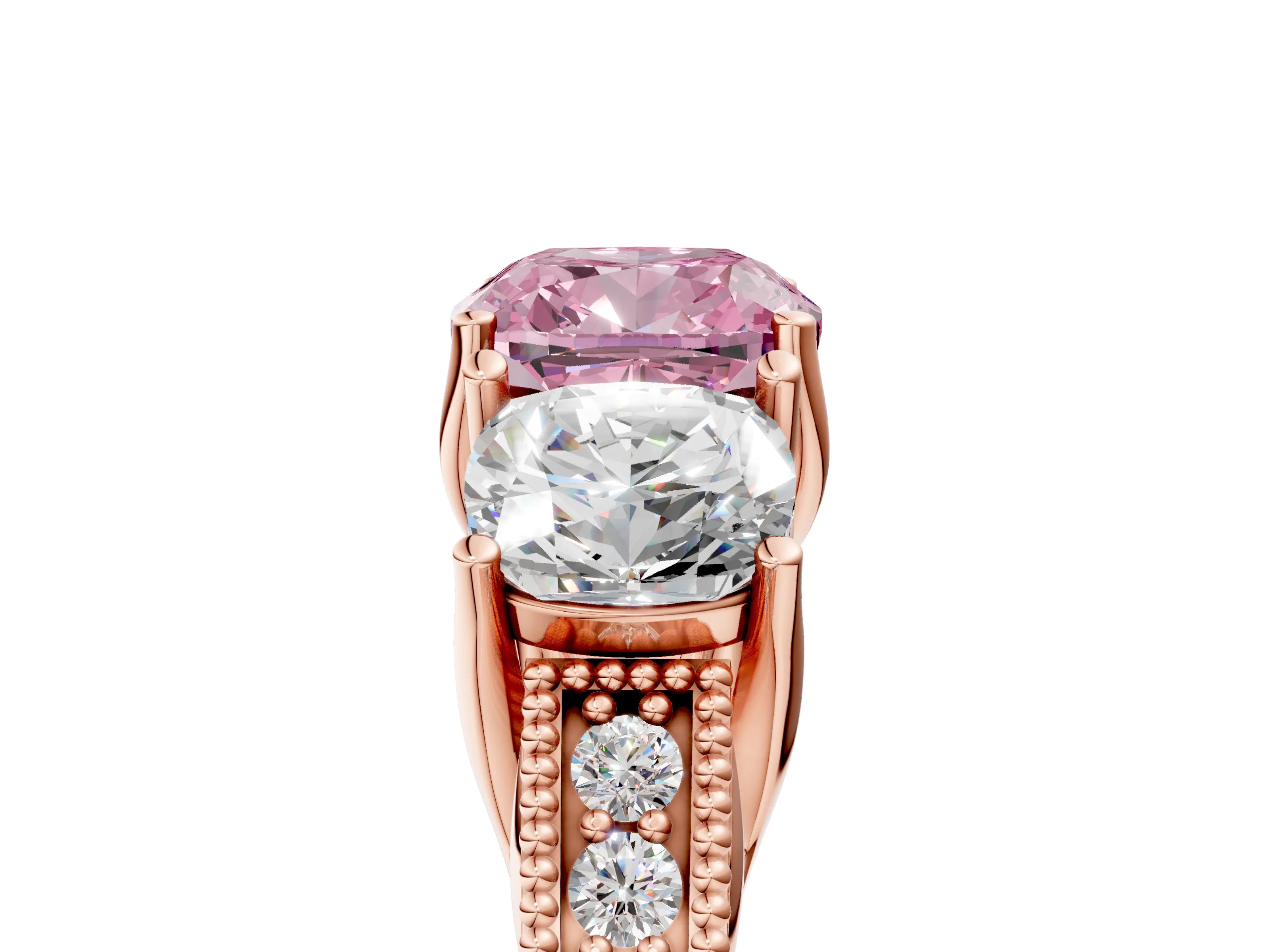 Rose gold Three-Stone Fancy Pink Cushion Cut Cut Milgrain Pavé Engagement Ring_5