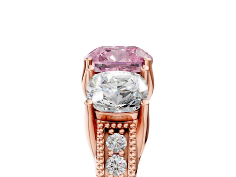 Rose gold Three-Stone Fancy Pink Cushion Cut Cut Milgrain Pavé Engagement Ring_5