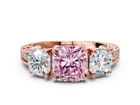 Rose gold Three-Stone Fancy Pink Cushion Cut Cut Milgrain Pavé Engagement Ring