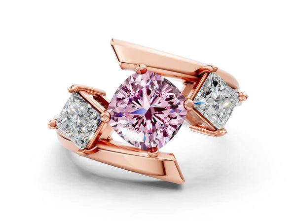 Rose gold Three-Stone Fancy Pink Cushion Cut Cut Tension Band Ring with Four-Prong Setting